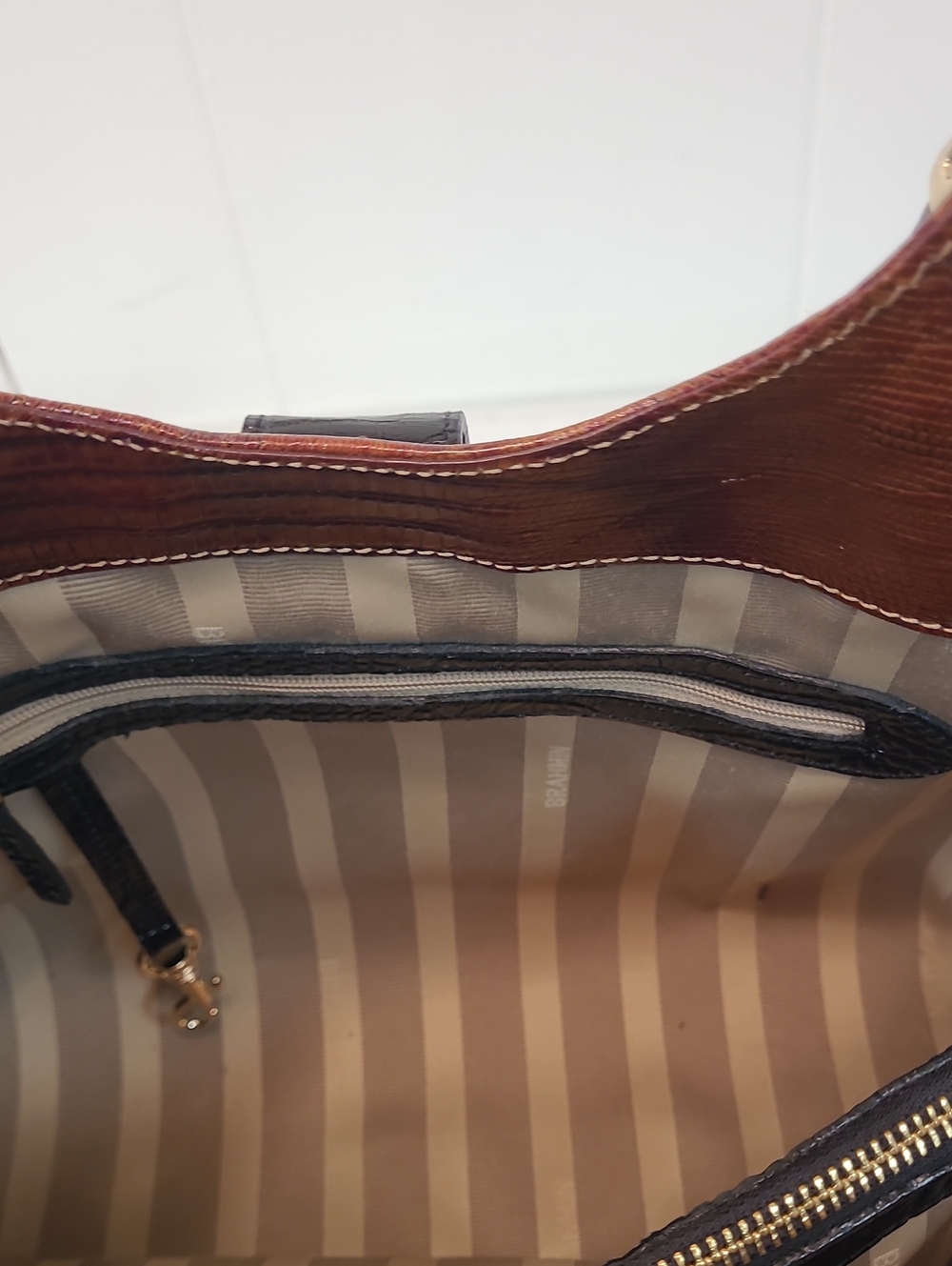 Brahmin White/Silver Croc-Embossed Hobo Satchel with Brown/Black/Gold Tone Trim - Picture 14 of 16